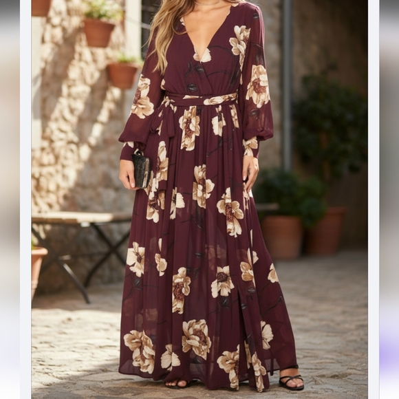 Fashion Nova Maxi Dress L Park Ave Floral Surplice V Neck Plum Purple Split Hem - Picture 11 of 11